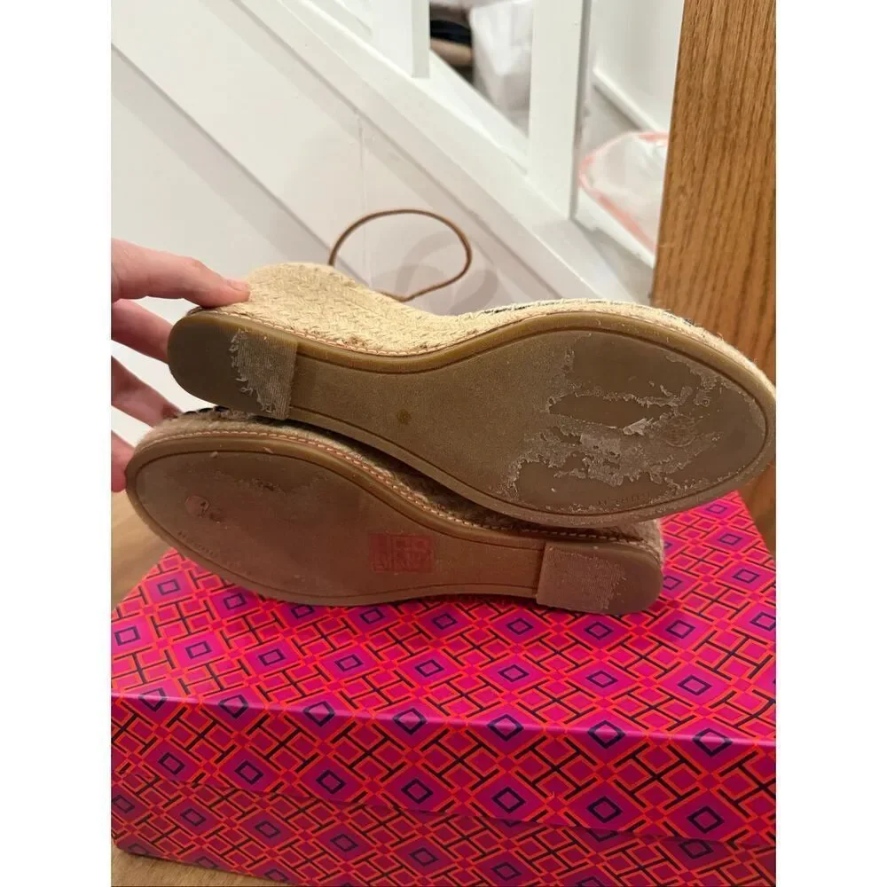 Tory Burch Cream & Black Espadrille Wedge with Tan Ankle Strap
